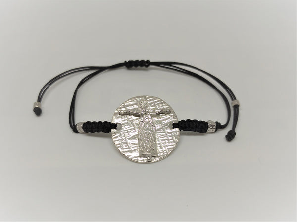 Pulsera plata bañada Santo Cristo nylon marrón