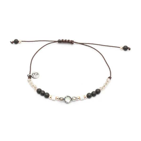 Pulsera de macrame con calcedonia y obsidianas