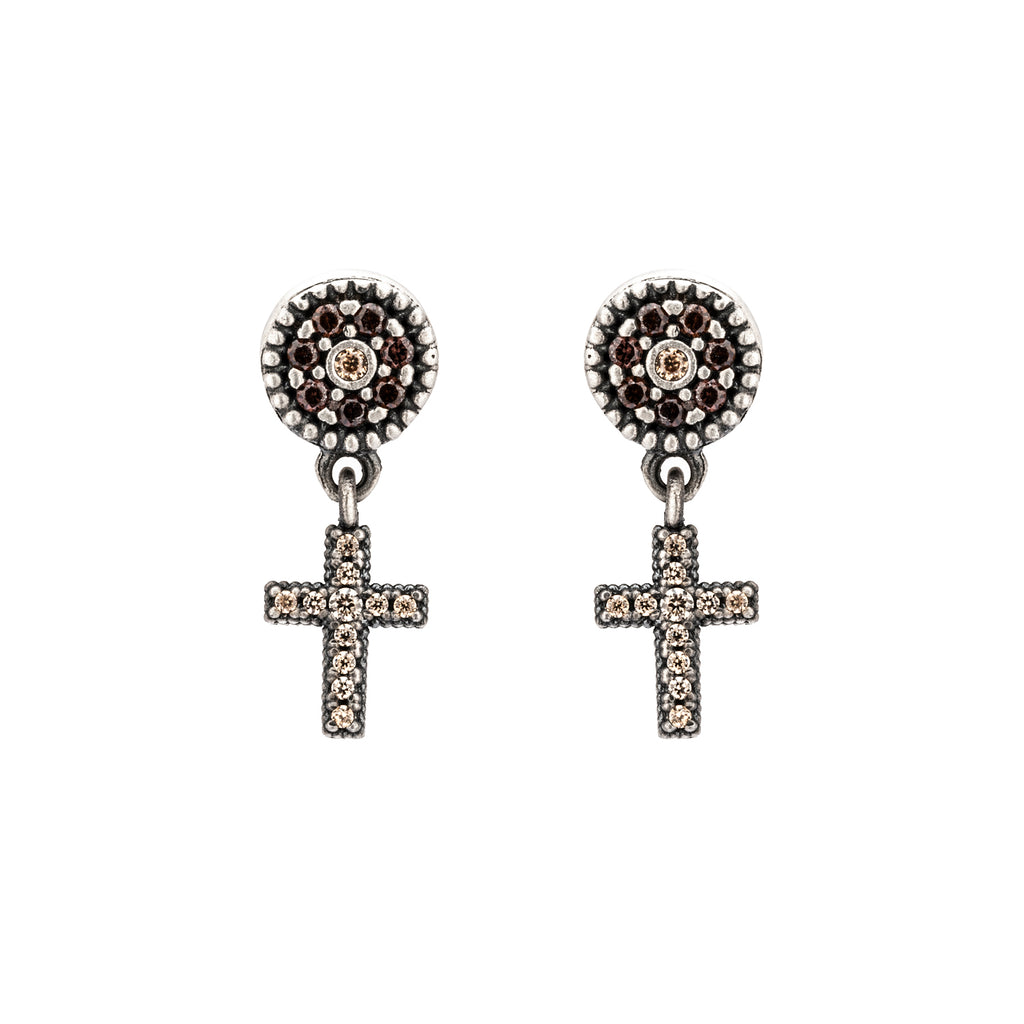 Pendientes plata botón cruz pequeña colgante circonitas