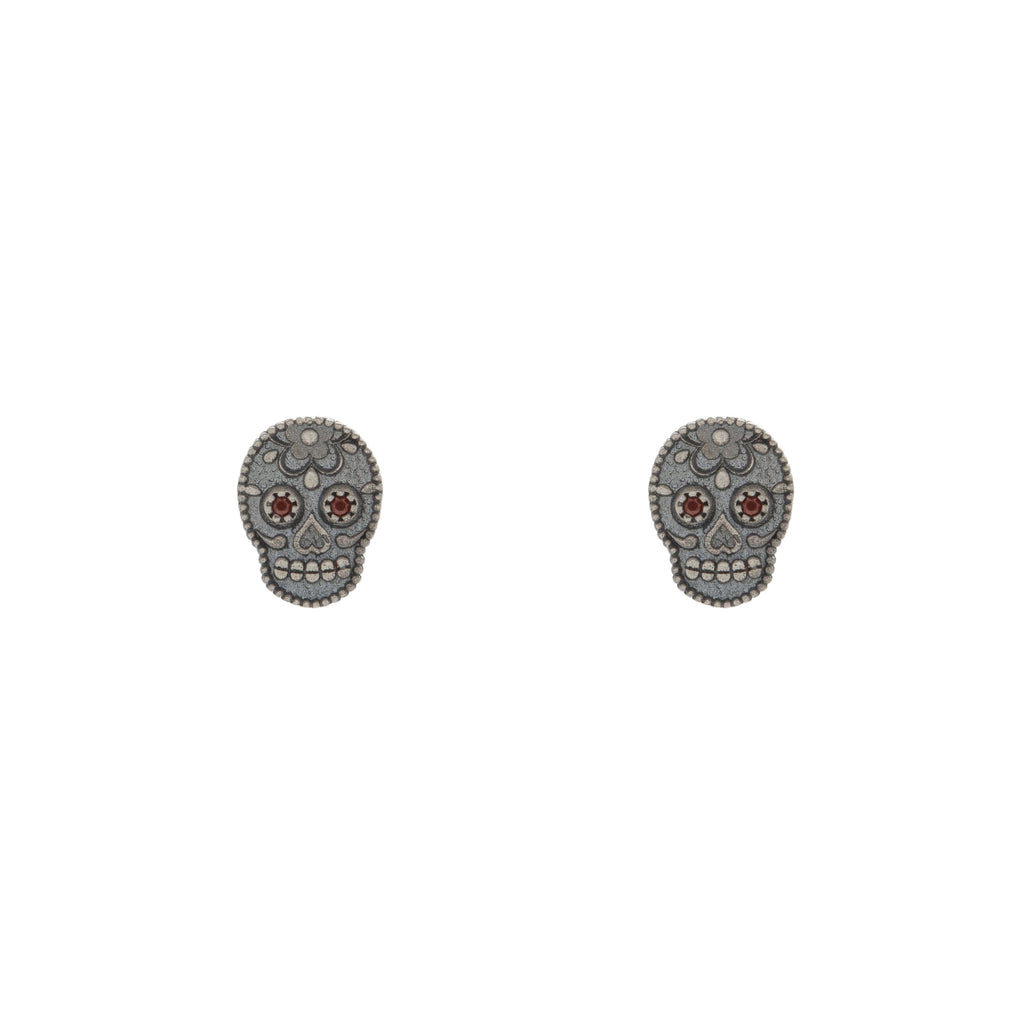 Pendientes plata botón calavera y circonitas marrones